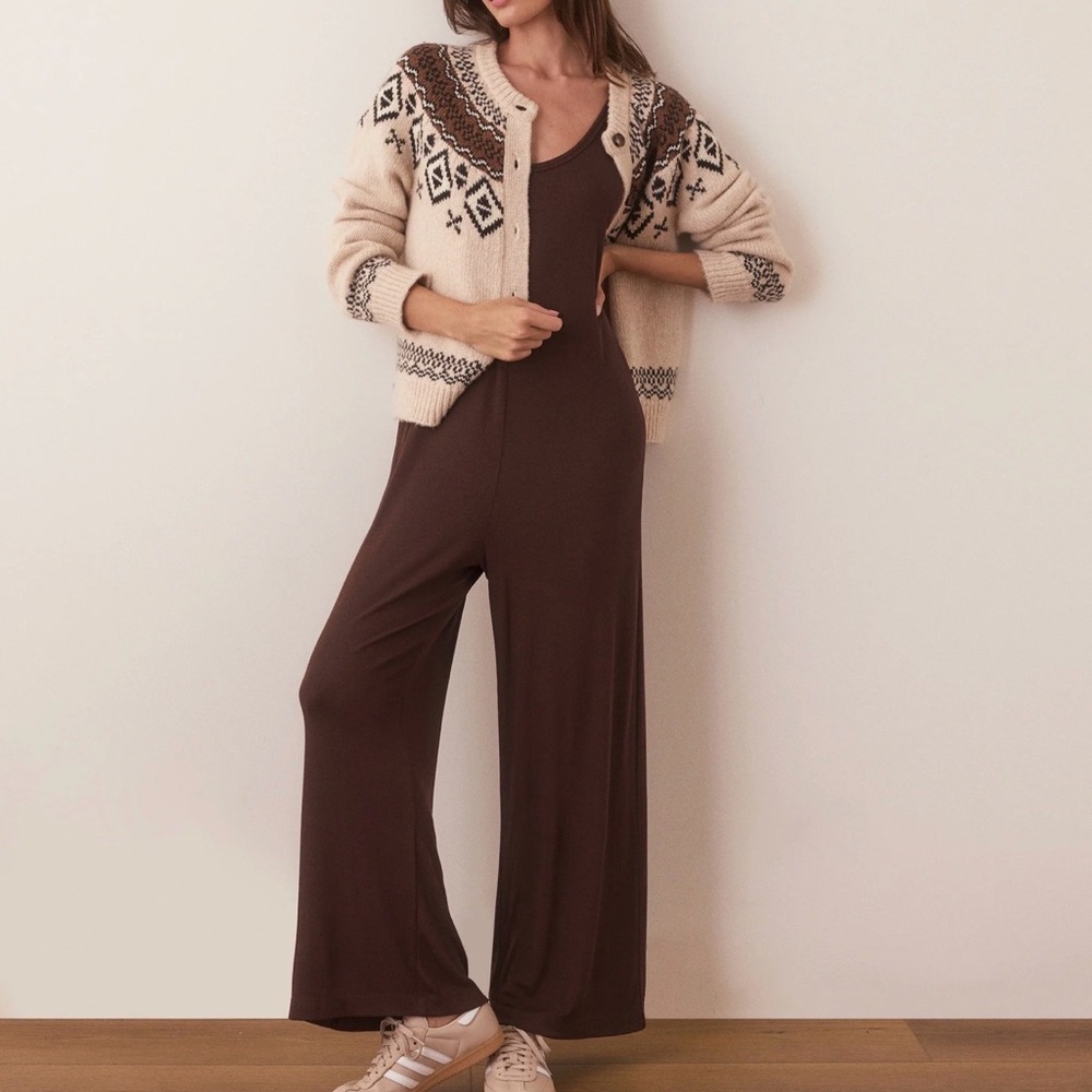 Marine Layer Lexi Rib Lounge Jumpsuit Chocolate Brown XS